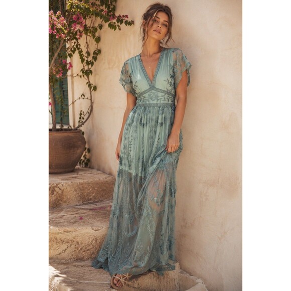 Altar'd State Dresses & Skirts - Altar’d State Mariska Maxi Dress M Sea Blue Embroidered Mesh Boho NWT